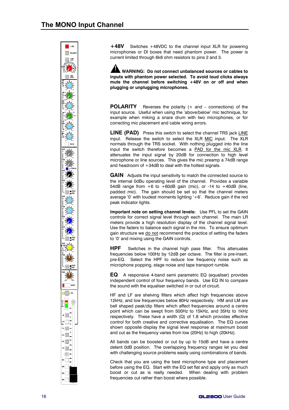 The mono input channel, Polarity, Line (pad) | Gain | Allen&Heath GL2800 User Manual | Page 16 / 42