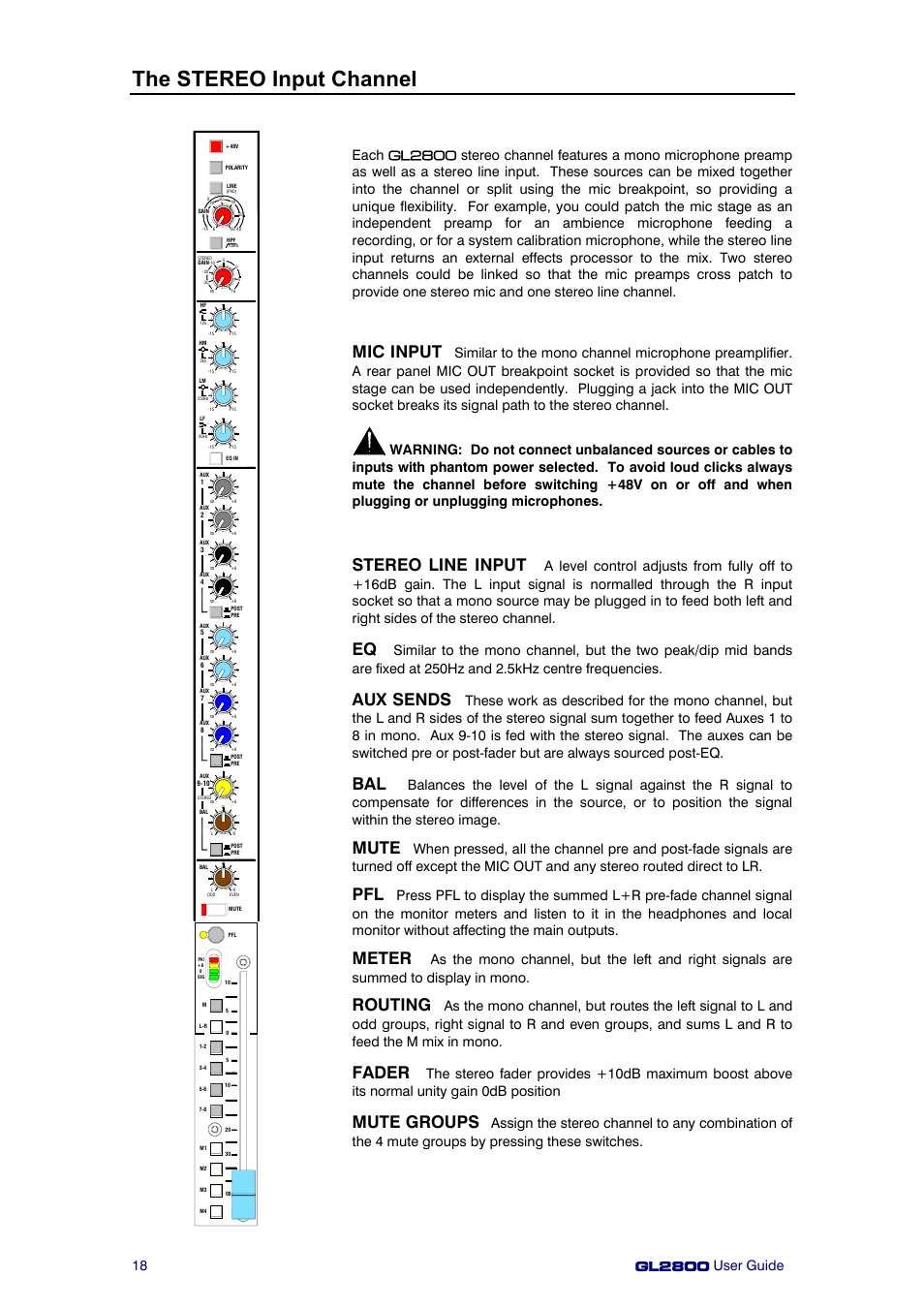 The stereo input channel, Mic input, Stereo line input | Aux sends, Mute, Meter, Routing, Fader, Mute groups | Allen&Heath GL2800 User Manual | Page 18 / 42