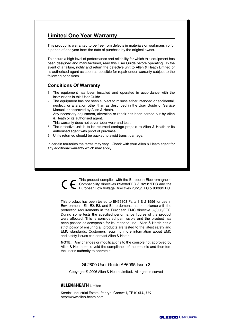 Limited one year warranty, Allen & heath, Conditions of warranty | Allen&Heath GL2800 User Manual | Page 2 / 42