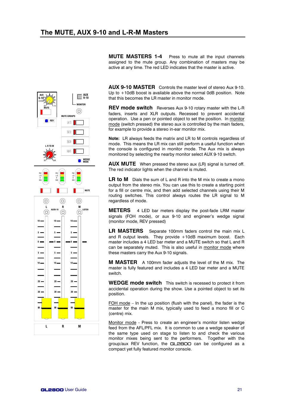 The mute, aux 9-10 and l-r-m masters, Mute masters 1-4, Aux 9-10 master | Rev mode switch, Aux mute, Lr to m, Meters, Lr masters, M master, Wedge mode switch | Allen&Heath GL2800 User Manual | Page 21 / 42