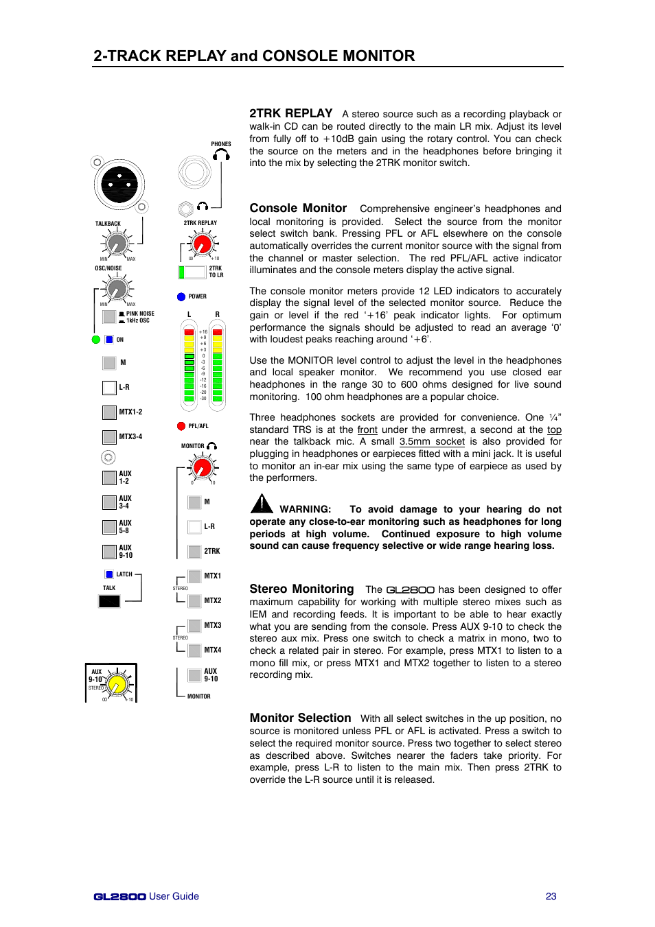 Track replay and console monitor, 2trk replay, Console monitor | Stereo monitoring, Monitor selection | Allen&Heath GL2800 User Manual | Page 23 / 42