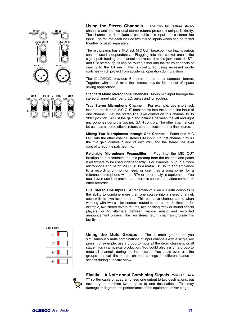 Using the stereo channels, Using the mute groups | Allen&Heath GL2800 User Manual | Page 33 / 42