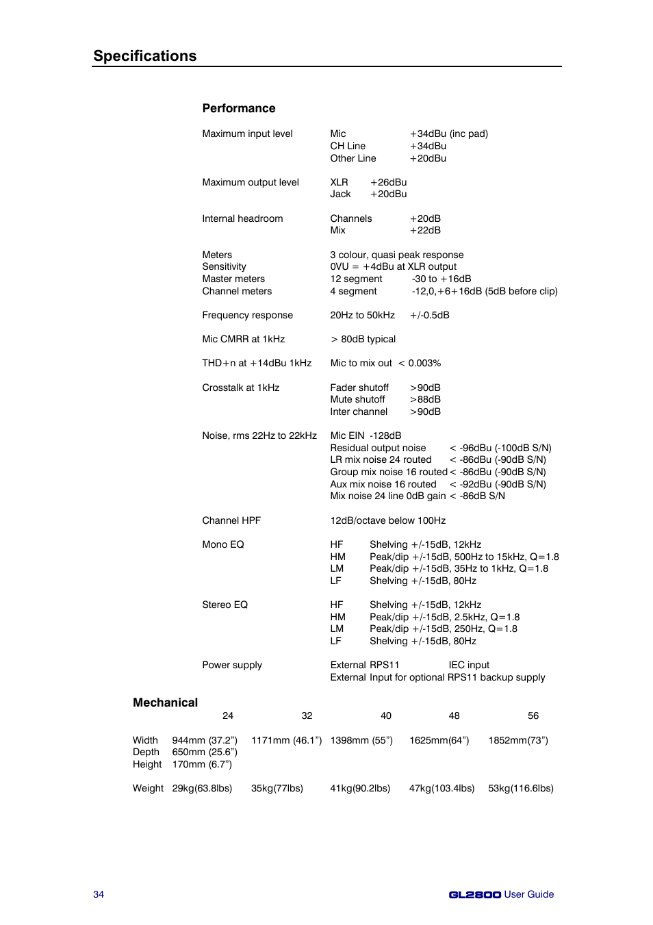 Specifications | Allen&Heath GL2800 User Manual | Page 34 / 42