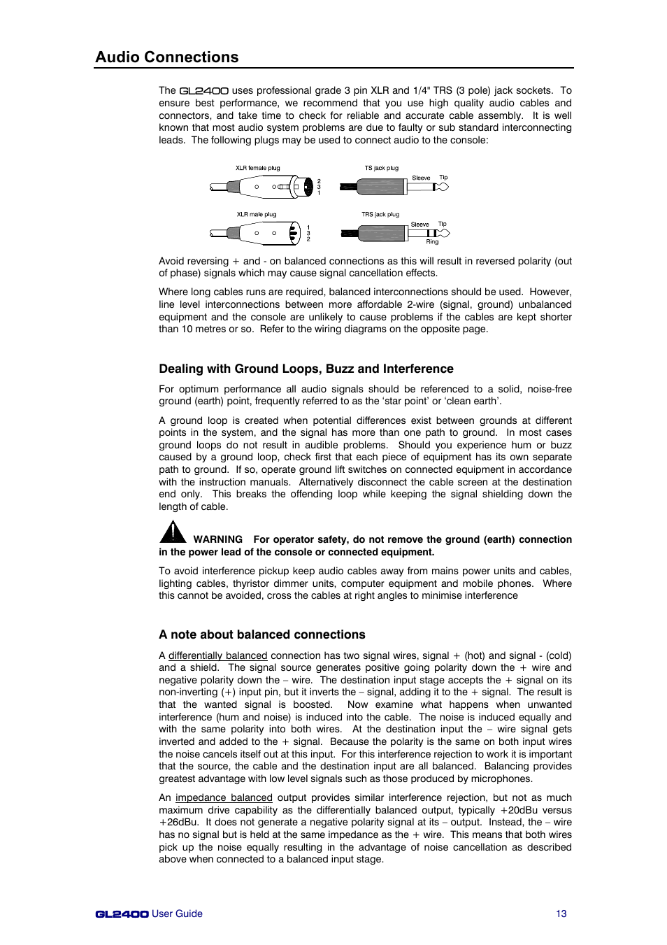 Audio connections | Allen&Heath GL2400 User Manual | Page 13 / 40