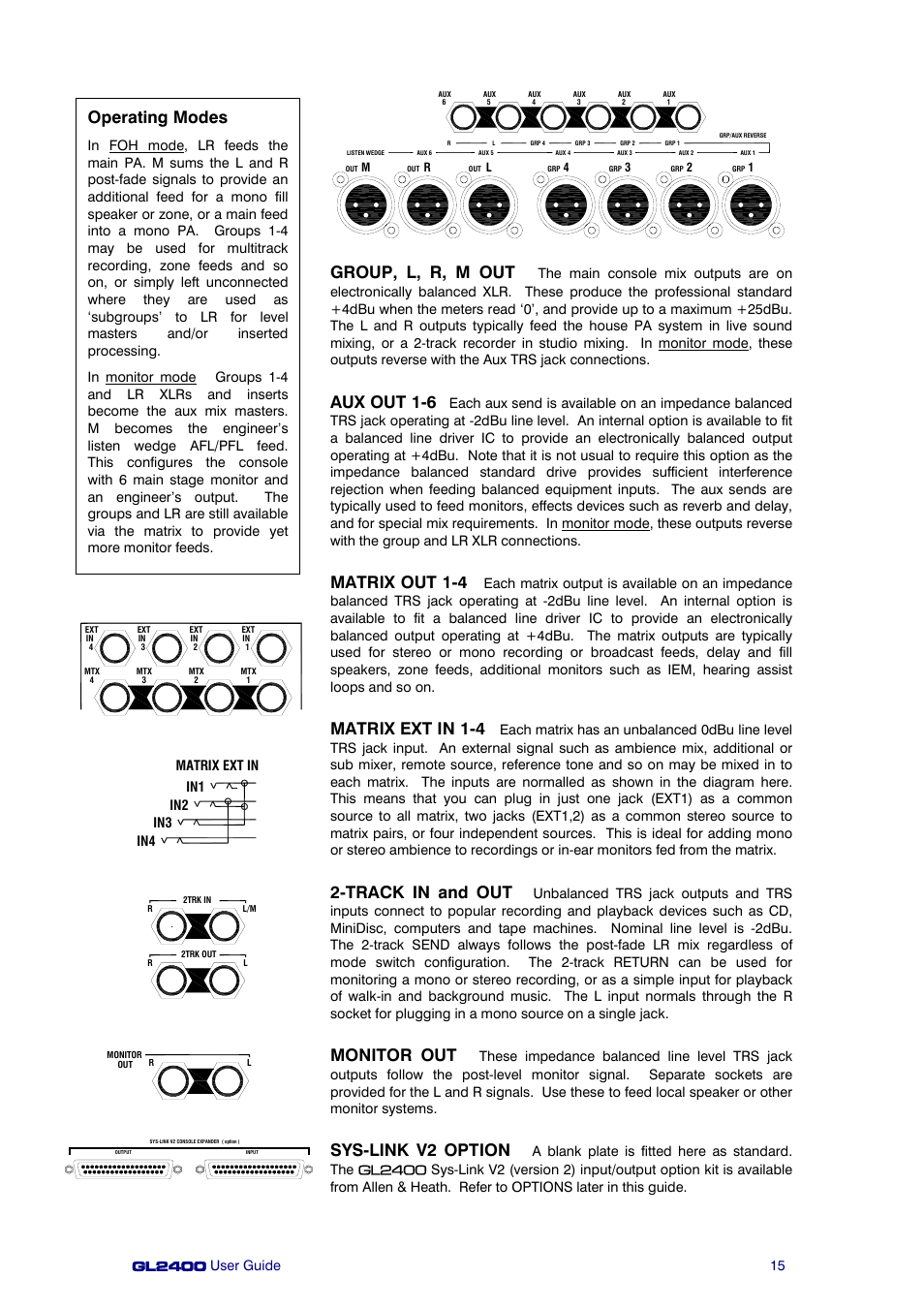 Group, l, r, m out, Aux out 1-6, Matrix out 1-4 | Matrix ext in 1-4, Track in and out, Monitor out, Sys-link v2 option, Operating modes, In1 in2 in3 in4 matrix ext in | Allen&Heath GL2400 User Manual | Page 15 / 40