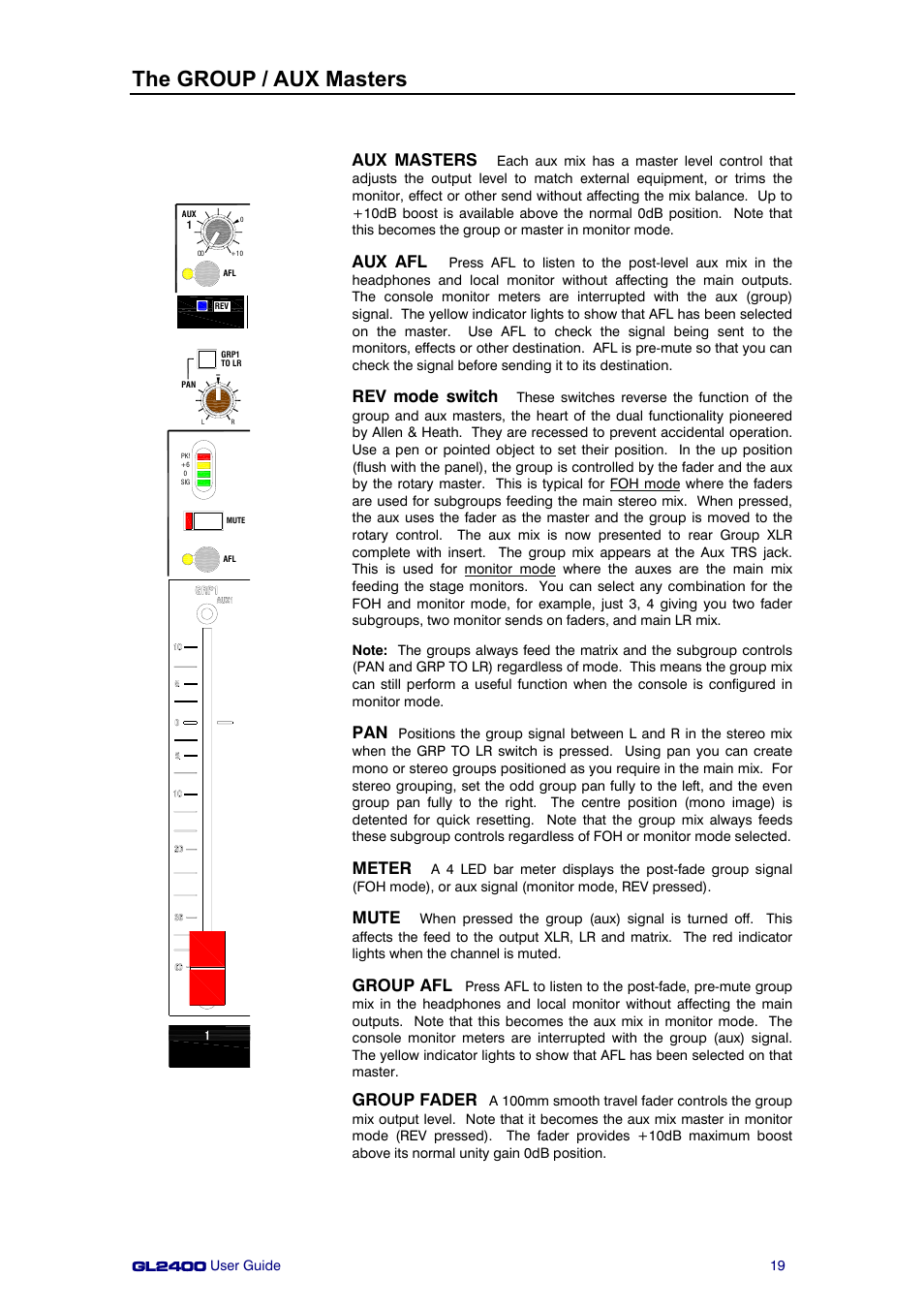 The group / aux masters, Aux masters, Aux afl | Rev mode switch, Meter, Mute, Group afl, Group fader | Allen&Heath GL2400 User Manual | Page 19 / 40