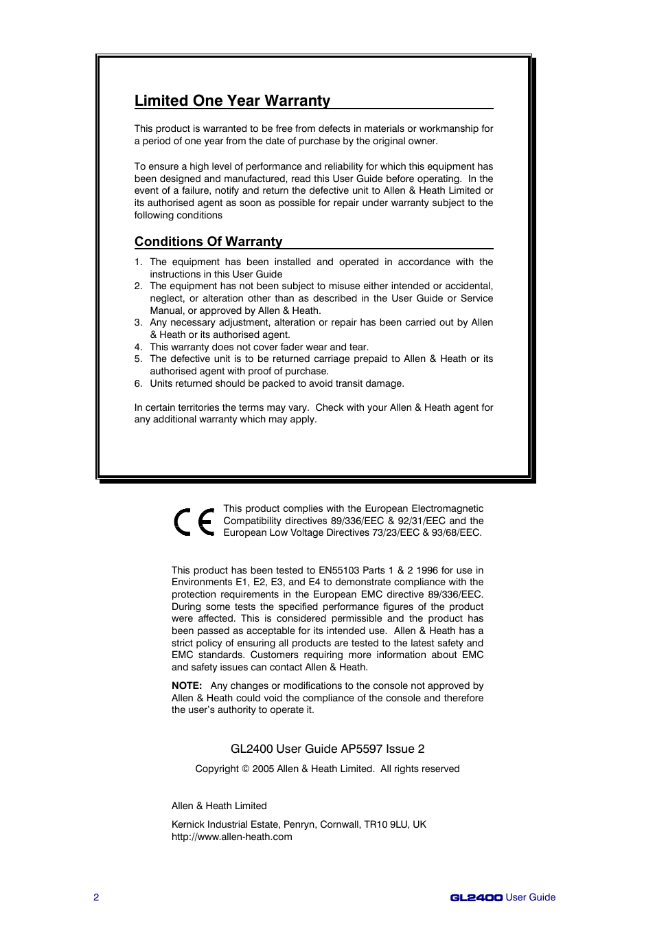 Limited one year warranty, Conditions of warranty | Allen&Heath GL2400 User Manual | Page 2 / 40