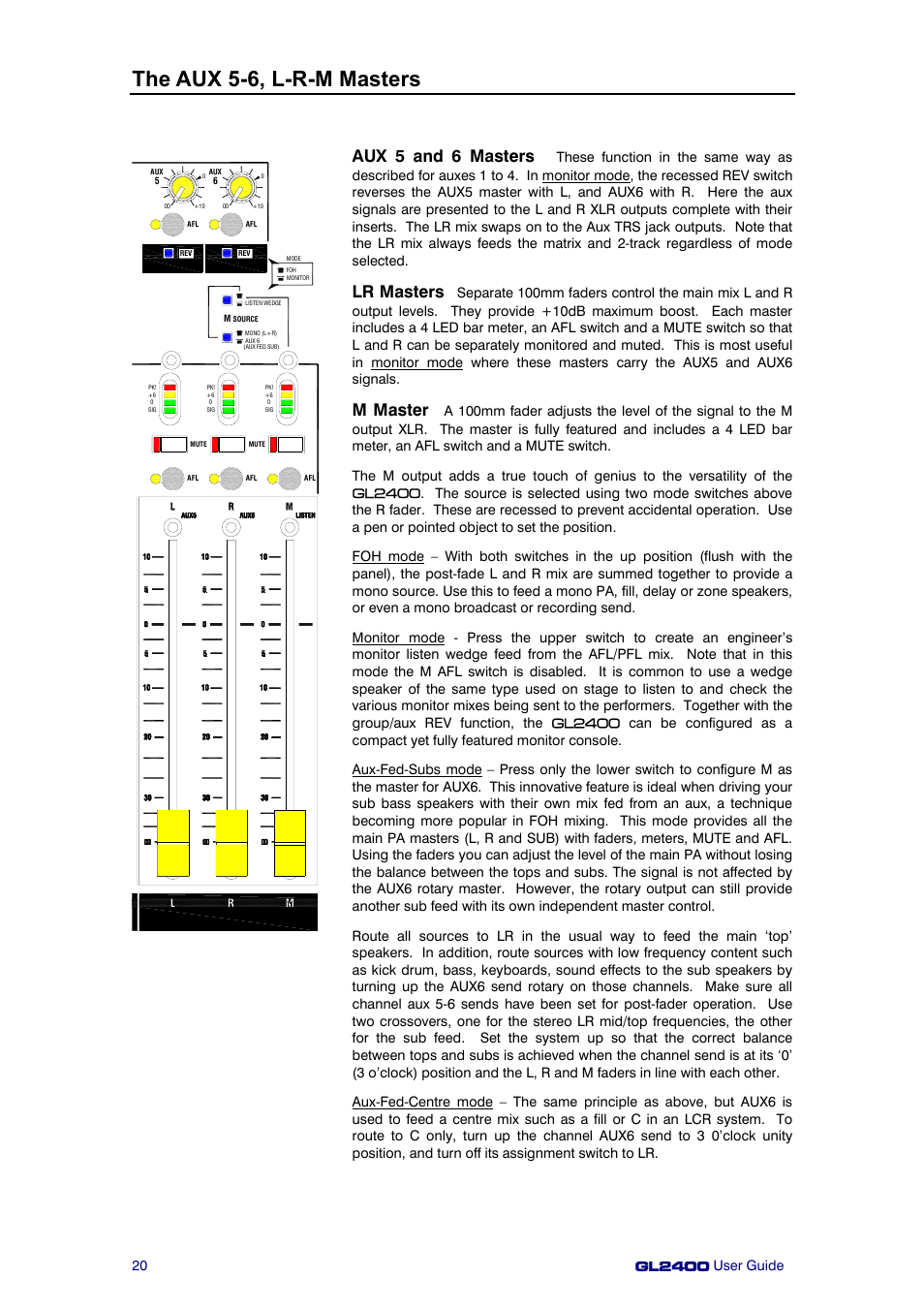 The aux 5-6, l-r-m masters, Aux 5 and 6 masters, Lr masters | M master | Allen&Heath GL2400 User Manual | Page 20 / 40