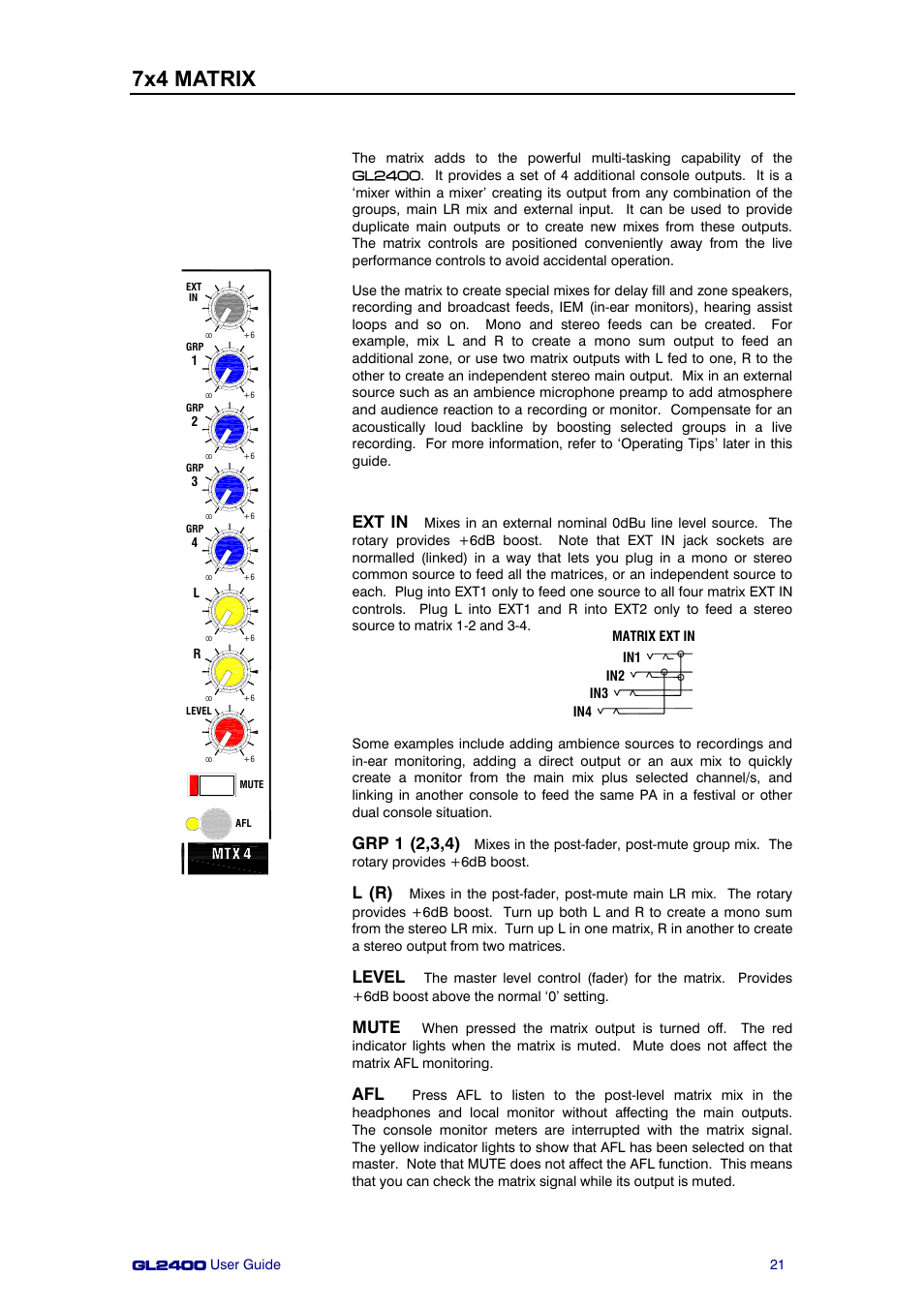 7x4 matrix, Ext in, Grp 1 (2,3,4) | L (r), Level, Mute | Allen&Heath GL2400 User Manual | Page 21 / 40