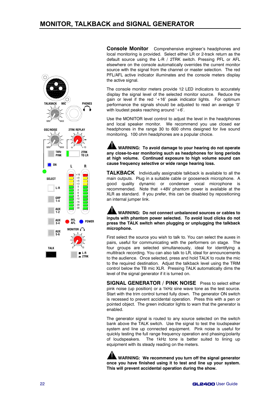 Monitor, talkback and signal generator, Console monitor, Talkback | Signal generator / pink noise | Allen&Heath GL2400 User Manual | Page 22 / 40