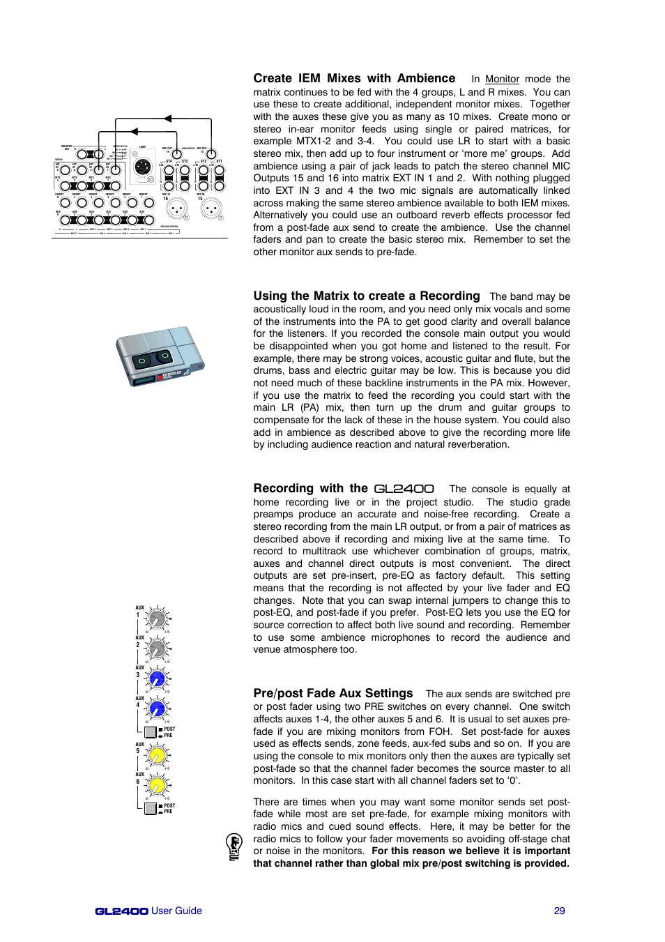 Create iem mixes with ambience, Using the matrix to create a recording, Recording with the gl2400 | Pre/post fade aux settings | Allen&Heath GL2400 User Manual | Page 29 / 40