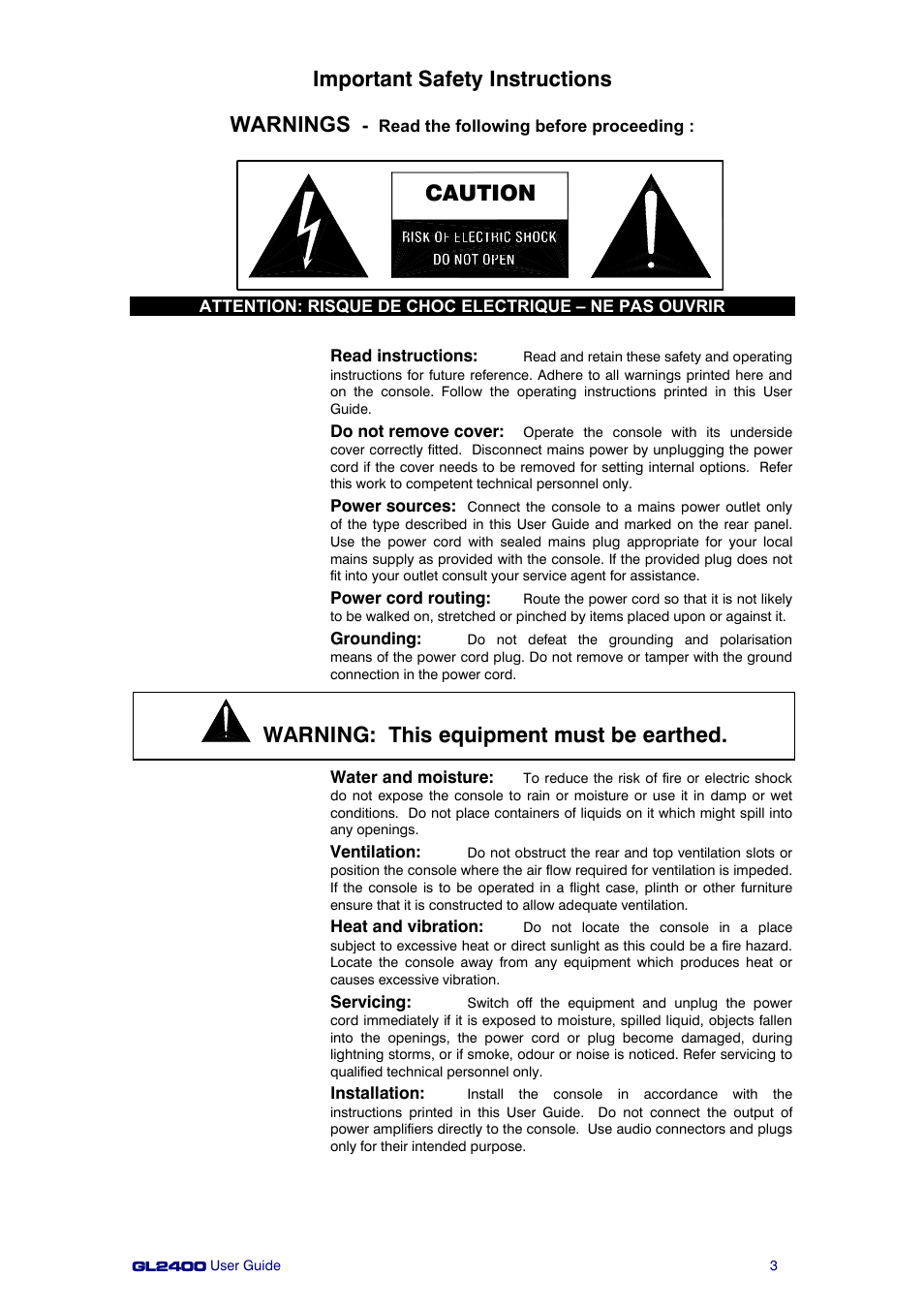 Important safety instructions warnings, Caution warning: this equipment must be earthed | Allen&Heath GL2400 User Manual | Page 3 / 40