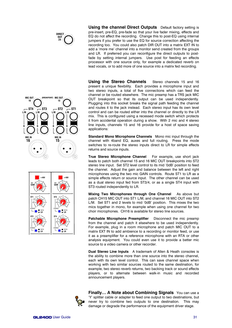 Using the channel direct outputs, Using the stereo channels, St4 st3 st2 st1 | Allen&Heath GL2400 User Manual | Page 31 / 40