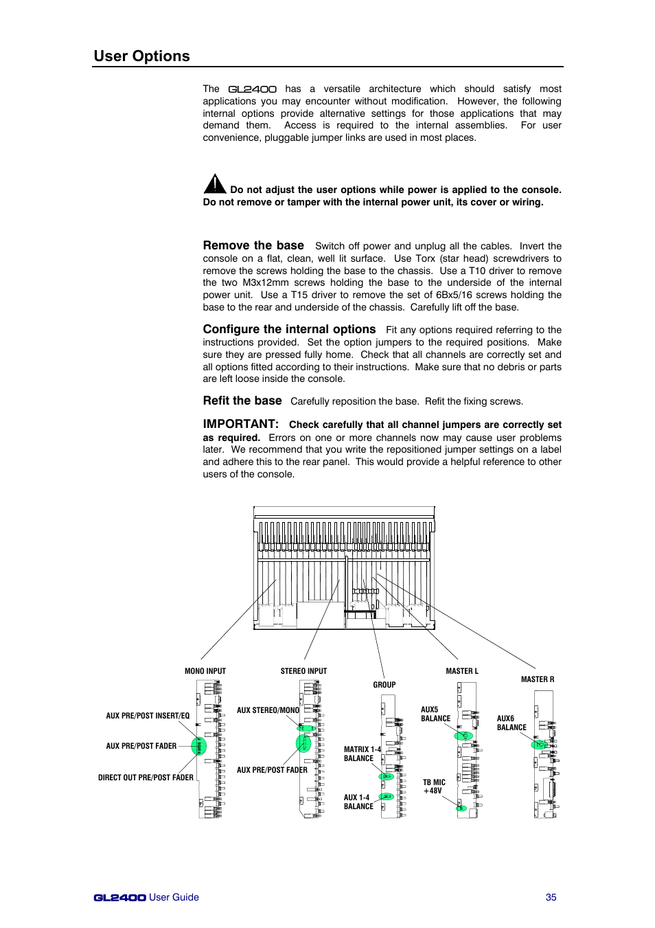 User options, Remove the base, Configure the internal options | Refit the base, Important | Allen&Heath GL2400 User Manual | Page 35 / 40