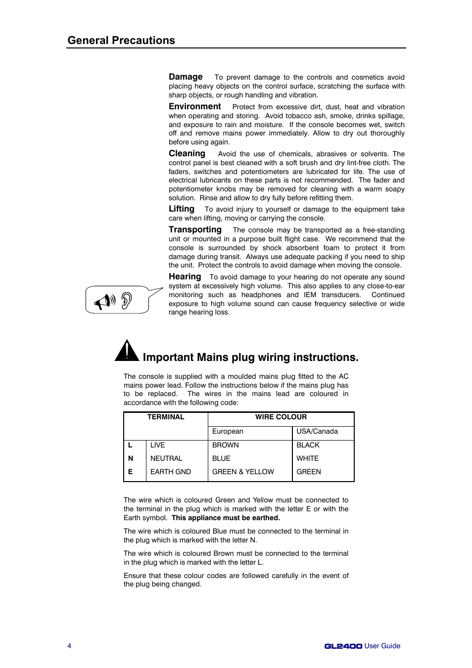 General precautions, Important mains plug wiring instructions | Allen&Heath GL2400 User Manual | Page 4 / 40