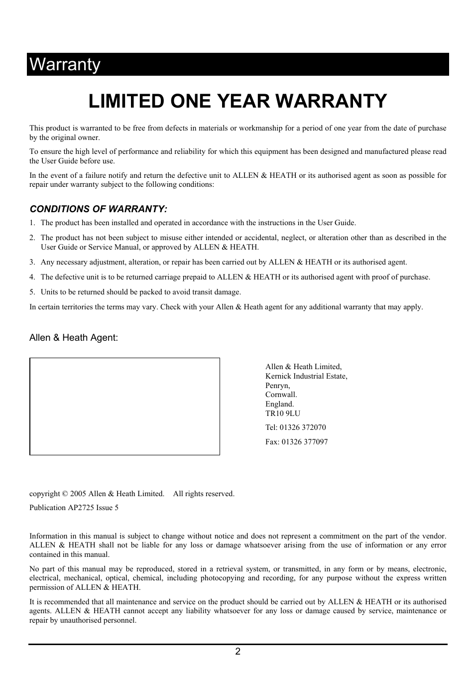 Limited one year warranty, Warranty | Allen&Heath RPS11 User Manual | Page 2 / 7