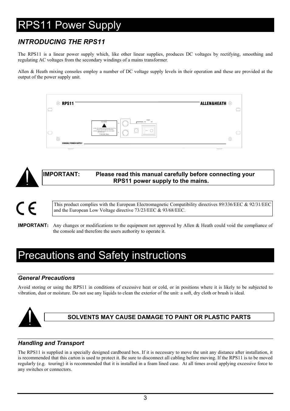 Rps11 power supply, Precautions and safety instructions, Introducing the rps11 | General precautions, Handling and transport | Allen&Heath RPS11 User Manual | Page 3 / 7
