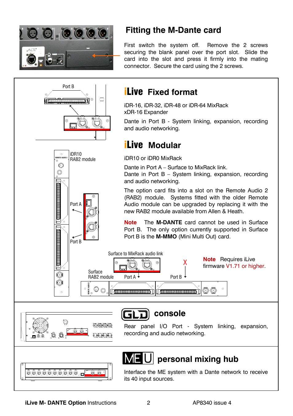 Ilive, Fitting the m-dante card, Fixed format | Modular, Console, Personal mixing hub | Allen&Heath DANTE User Manual | Page 2 / 12