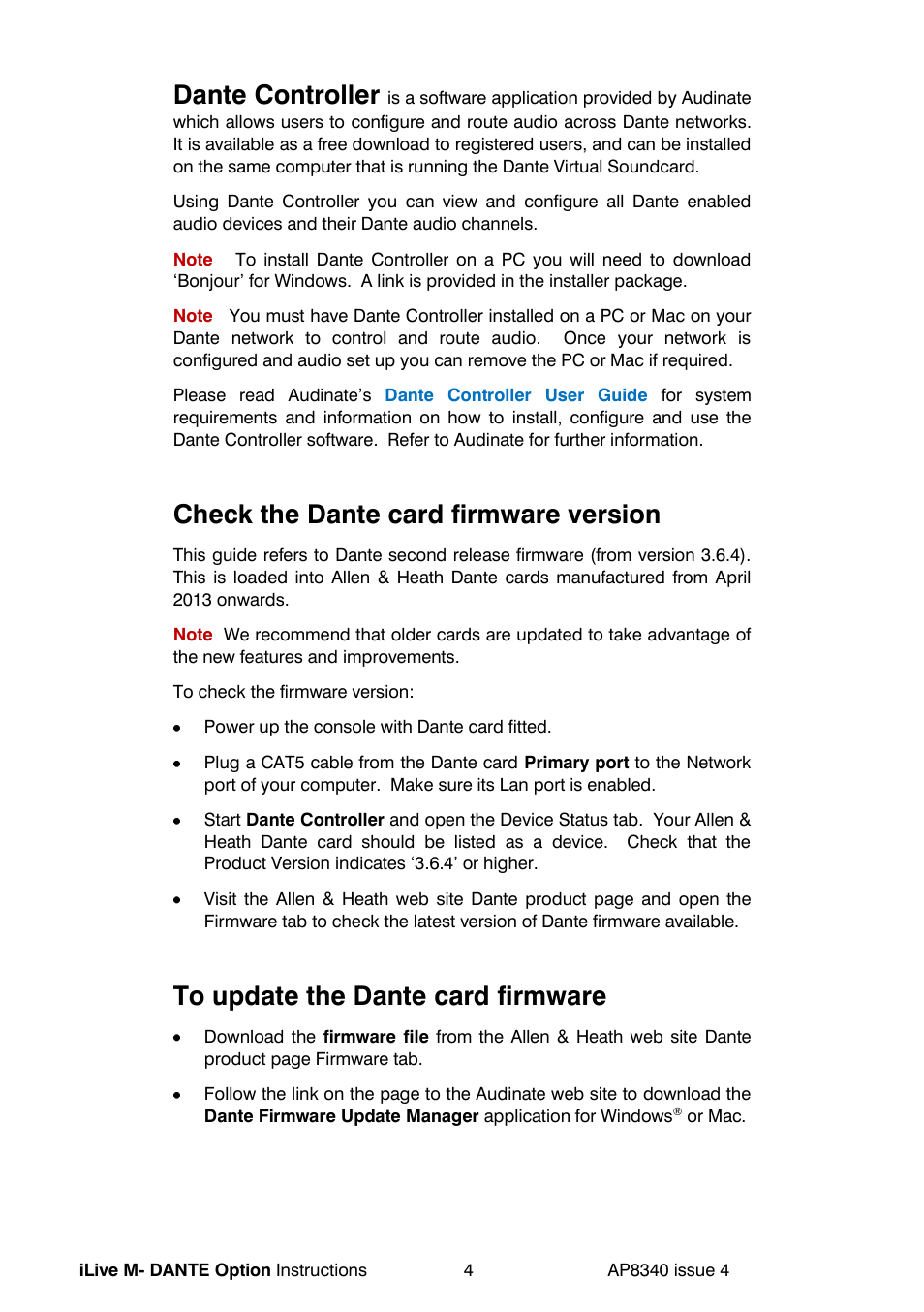 Dante controller, Check the dante card firmware version | Allen&Heath DANTE User Manual | Page 4 / 12