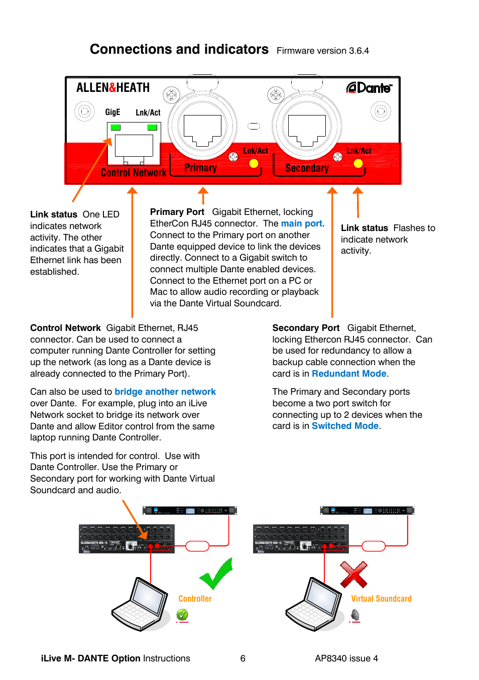 Connections and indicators, Allen, Heath | Allen&Heath DANTE User Manual | Page 6 / 12
