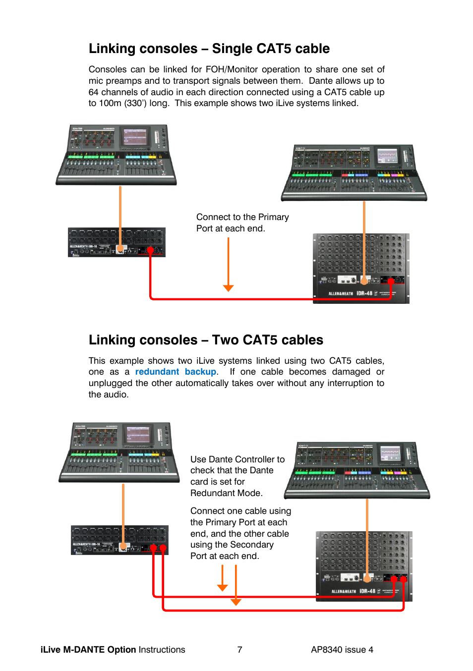 Linking consoles – single cat5 cable, Linking consoles – two cat5 cables | Allen&Heath DANTE User Manual | Page 7 / 12
