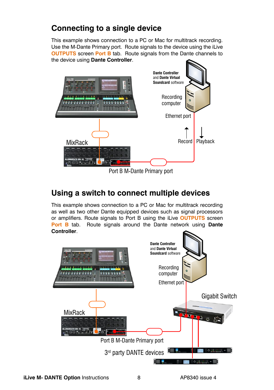 Connecting to a single device, Using a switch to connect multiple devices, Mixrack | Party dante devices, Gigabit switch | Allen&Heath DANTE User Manual | Page 8 / 12