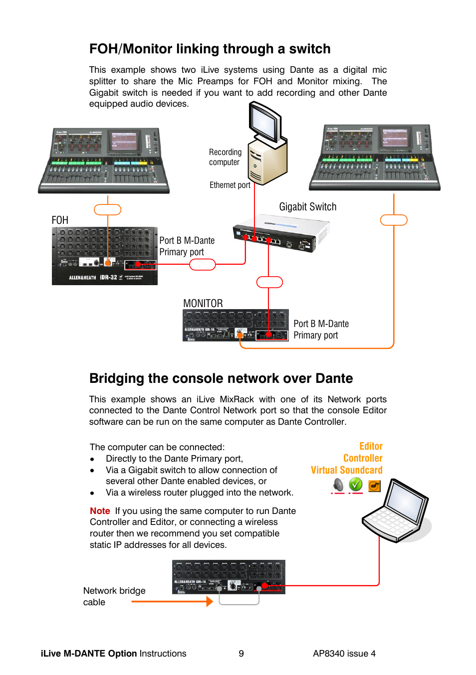 Foh/monitor linking through a switch, Bridging the console network over dante | Allen&Heath DANTE User Manual | Page 9 / 12