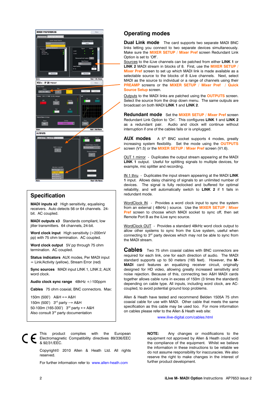 Operating modes, Cables, Specification | Dual link mode, Redundant mode, Aux modes | Allen&Heath MADI User Manual | Page 2 / 2