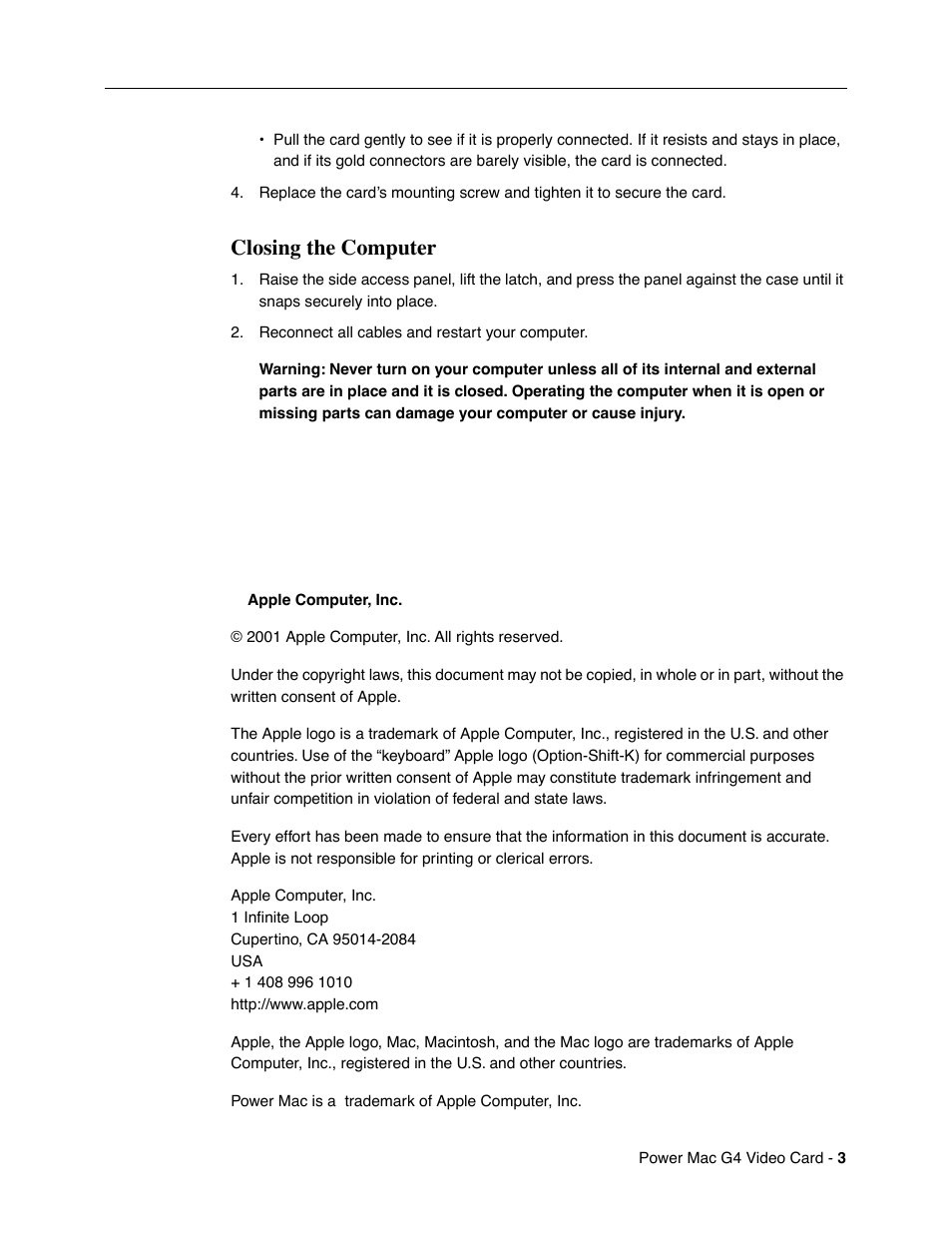Closing the computer | Apple Power Mac G4 / Macintosh Server G4 (Video Card Replacement) User Manual | Page 3 / 6