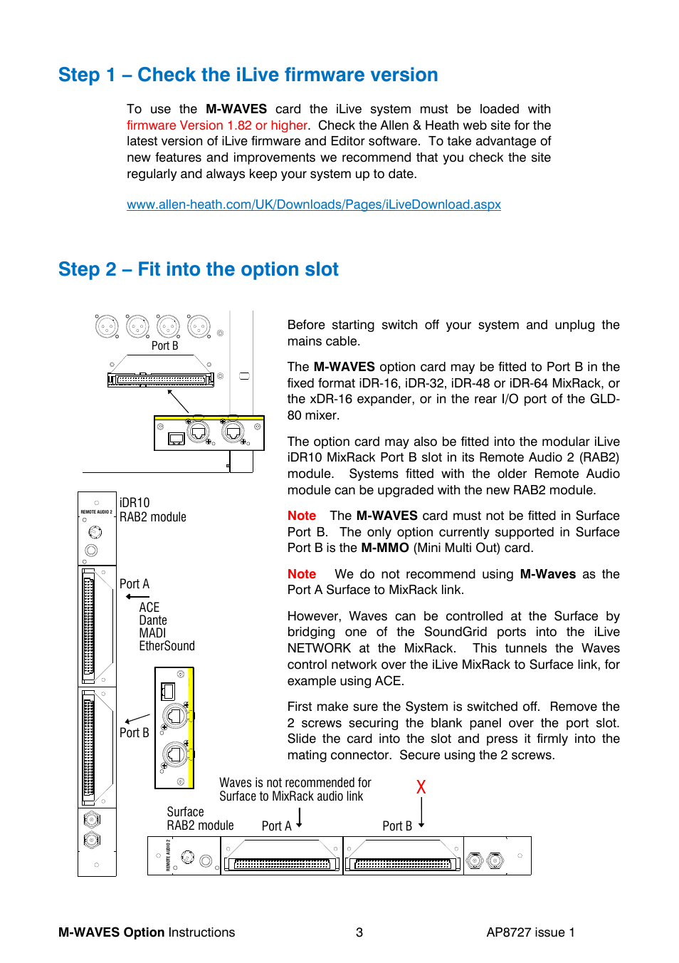 Step 1 – check the ilive firmware version, Step 2 – fit into the option slot | Allen&Heath WAVES User Manual | Page 3 / 4