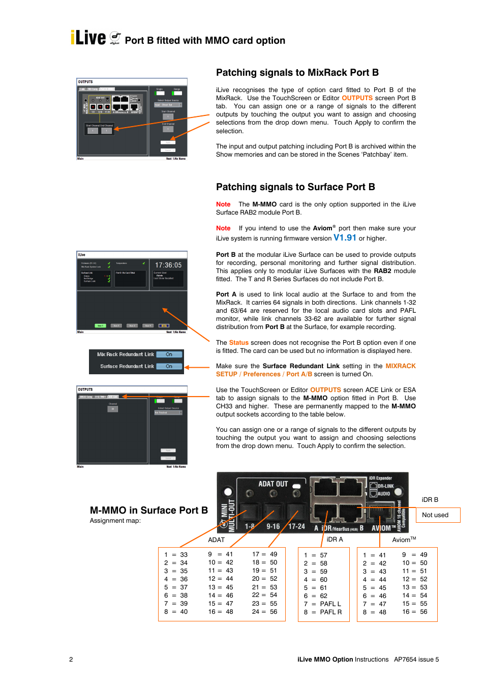 Port b fitted with mmo card option, Patching signals to mixrack port b, Patching signals to surface port b | M-mmo in surface port b, V1.91 | Allen&Heath Mini Multi Out User Manual | Page 2 / 3