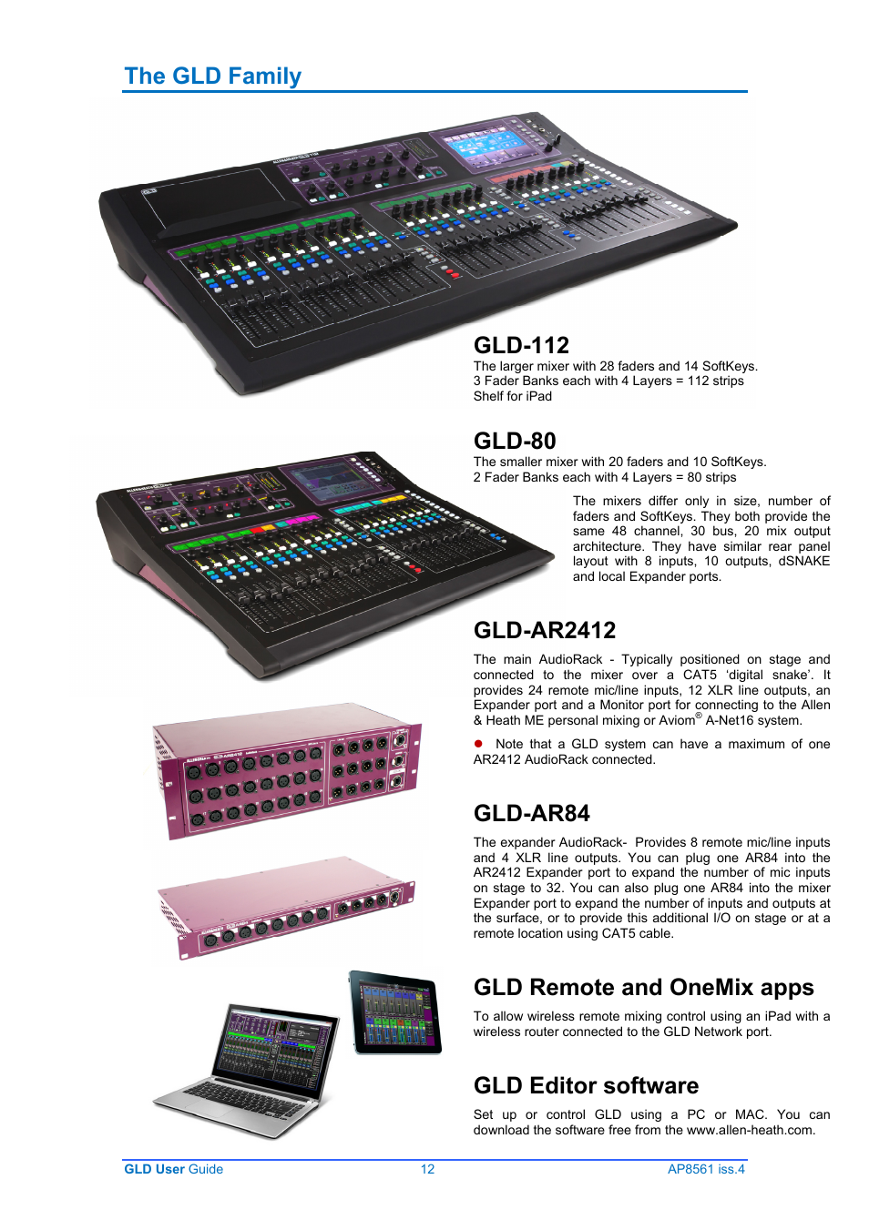 The gld family, Gld-112, Gld-80 | Gld-ar2412, Gld-ar84, Gld remote and onemix apps, Gld editor software | Allen&Heath GLD-80 User Manual | Page 12 / 36