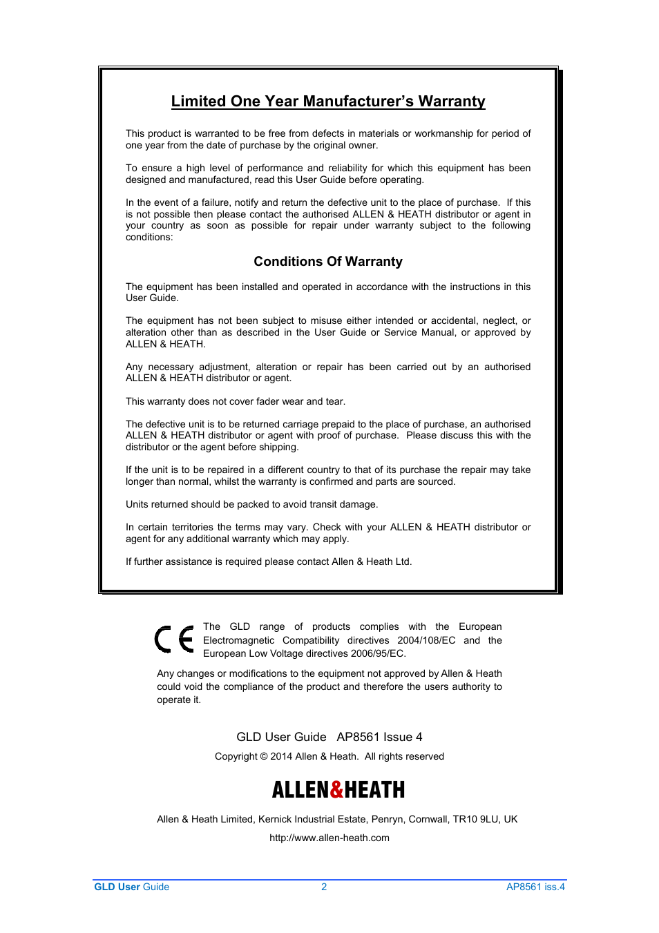 Allen & heath, Limited one year manufacturer’s warranty | Allen&Heath GLD-80 User Manual | Page 2 / 36