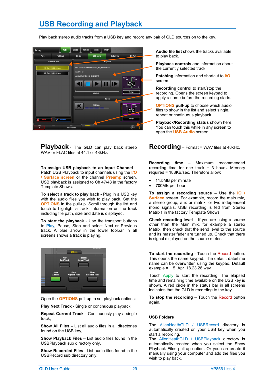 Usb recording and playback, Playback, Recording | Allen&Heath GLD-80 User Manual | Page 29 / 36
