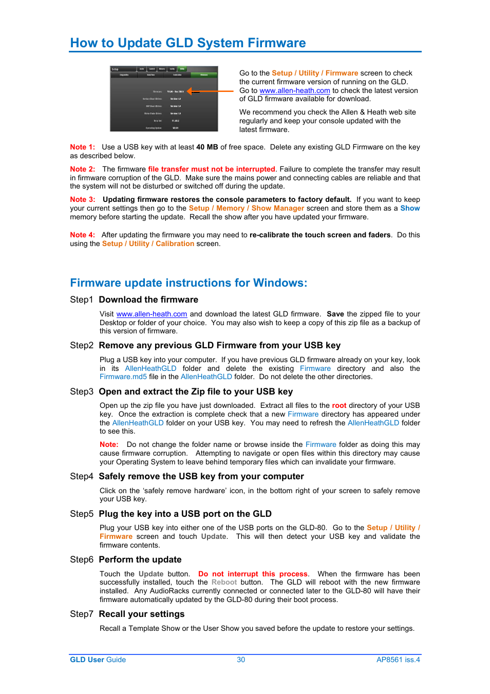 How to update gld system firmware, Firmware update instructions for windows | Allen&Heath GLD-80 User Manual | Page 30 / 36