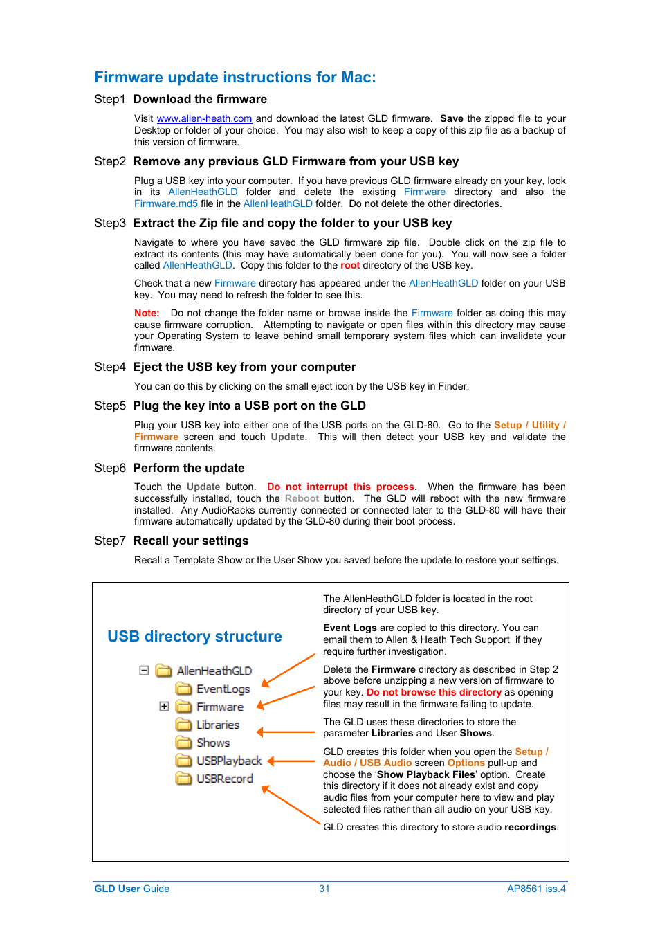 Firmware update instructions for mac, Usb directory structure | Allen&Heath GLD-80 User Manual | Page 31 / 36