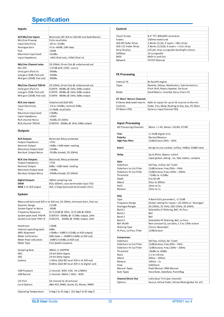 Specification | Allen&Heath GLD-80 User Manual | Page 32 / 36