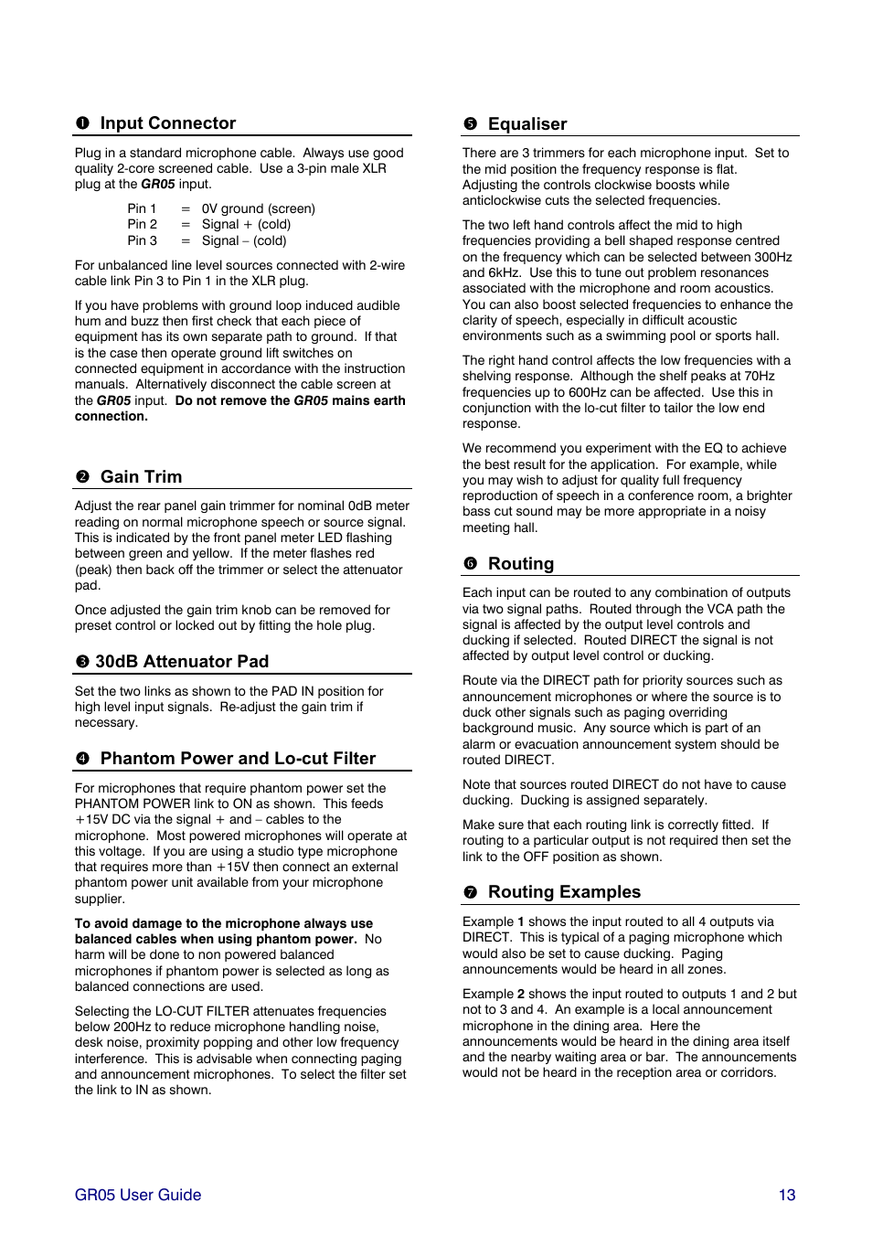 Input connector, Gain trim, 30db attenuator pad | Phantom power and lo-cut filter, Equaliser, Routing, Routing examples | Allen&Heath GR05 User Manual | Page 13 / 24
