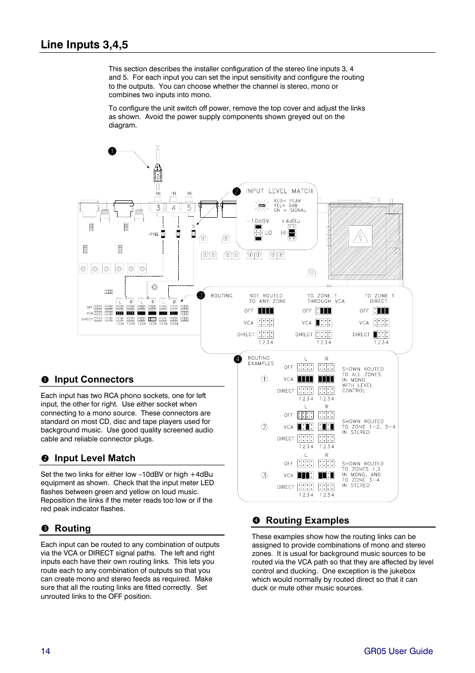 Line inputs 3,4,5, Input connectors, Input level match | Routing, Routing examples | Allen&Heath GR05 User Manual | Page 14 / 24