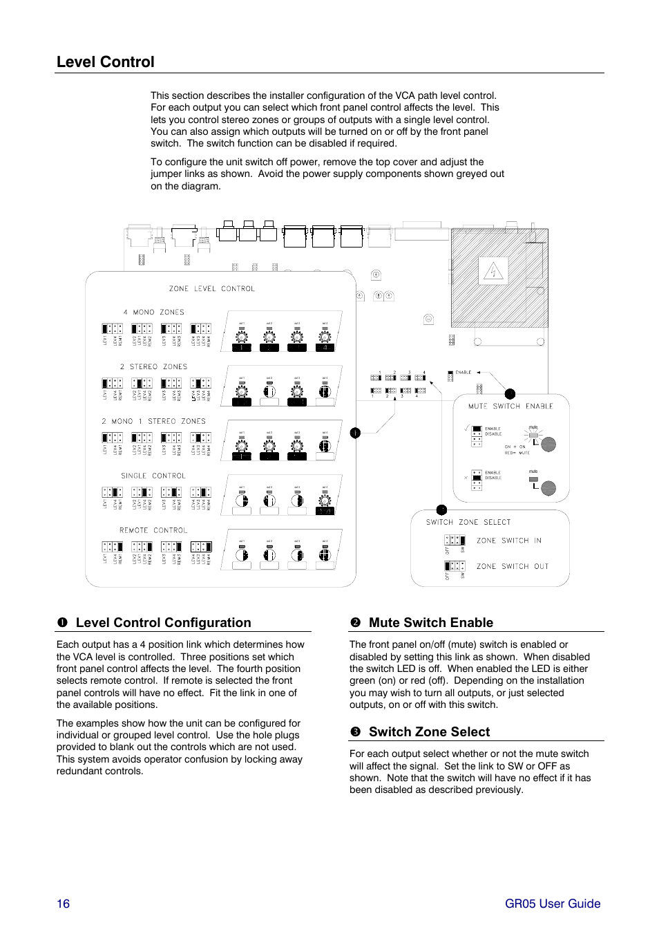 Level control, Level control configuration, Mute switch enable | Switch zone select, 16 gr05 user guide | Allen&Heath GR05 User Manual | Page 16 / 24