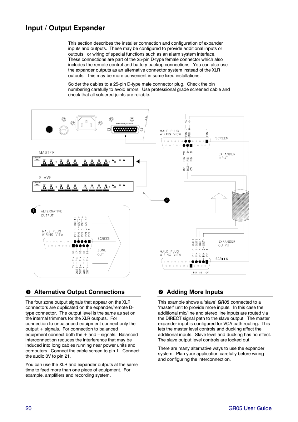 Input / output expander, Alternative output connections, Adding more inputs | 20 gr05 user guide | Allen&Heath GR05 User Manual | Page 20 / 24