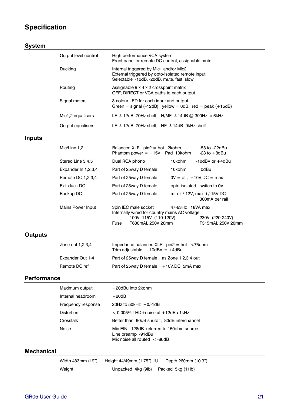 Specification, System, Inputs | Outputs, Performance, Mechanical | Allen&Heath GR05 User Manual | Page 21 / 24