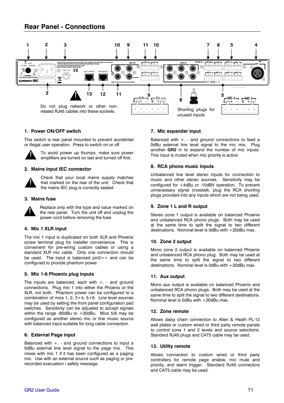 Rear panel - connections, Gr2 user guide, Power on/off switch | Mains input iec connector, Mains fuse, Mic 1 xlr input, Mic 1-6 phoenix plug inputs, External page input, Mic expander input, Rca phono music inputs | Allen&Heath GR2 PL-12 USER GUIDE 1 User Manual | Page 11 / 24