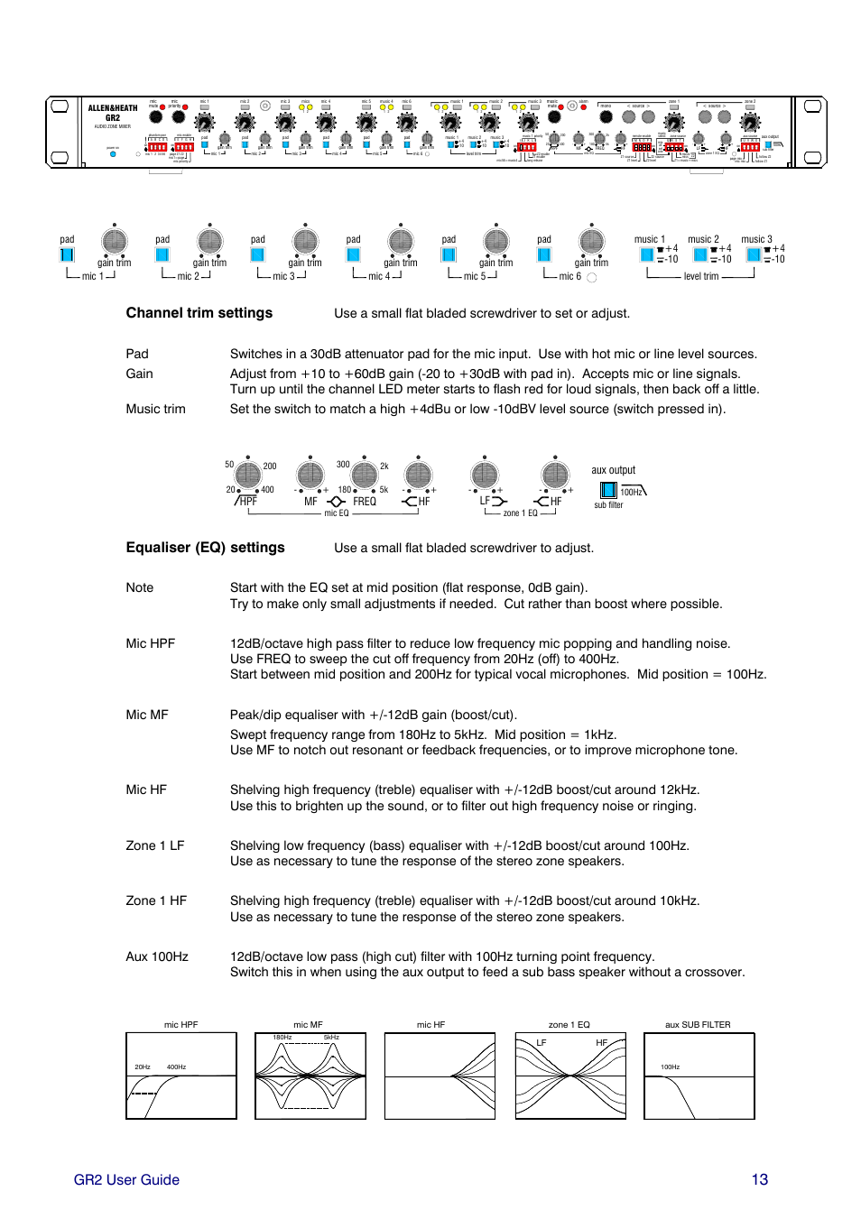 Gr2 user guide, Channel trim settings, Equaliser (eq) settings | Hpf hf, Mf freq, Aux output | Allen&Heath GR2 PL-12 USER GUIDE 1 User Manual | Page 13 / 24