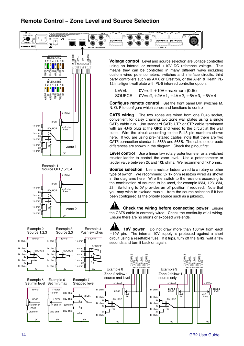 Remote control – zone level and source selection, Gr2 user guide, Voltage control | Configure remote control, Cat5 wiring, Level control, Source selection, Check the wiring before connecting power, 10v power, Source 1,2,3 | Allen&Heath GR2 PL-12 USER GUIDE 1 User Manual | Page 14 / 24