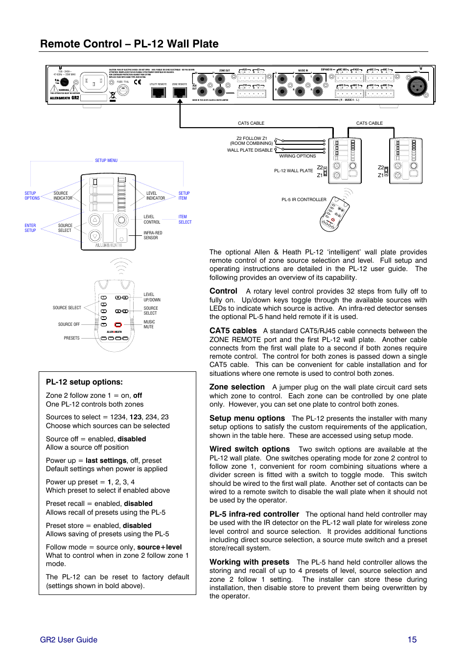 Remote control – pl-12 wall plate, Gr2 user guide, Control | Cat5 cables, Zone selection, Setup menu options, Wired switch options, Pl-5 infra-red controller, Working with presets, Pl-12 setup options | Allen&Heath GR2 PL-12 USER GUIDE 1 User Manual | Page 15 / 24