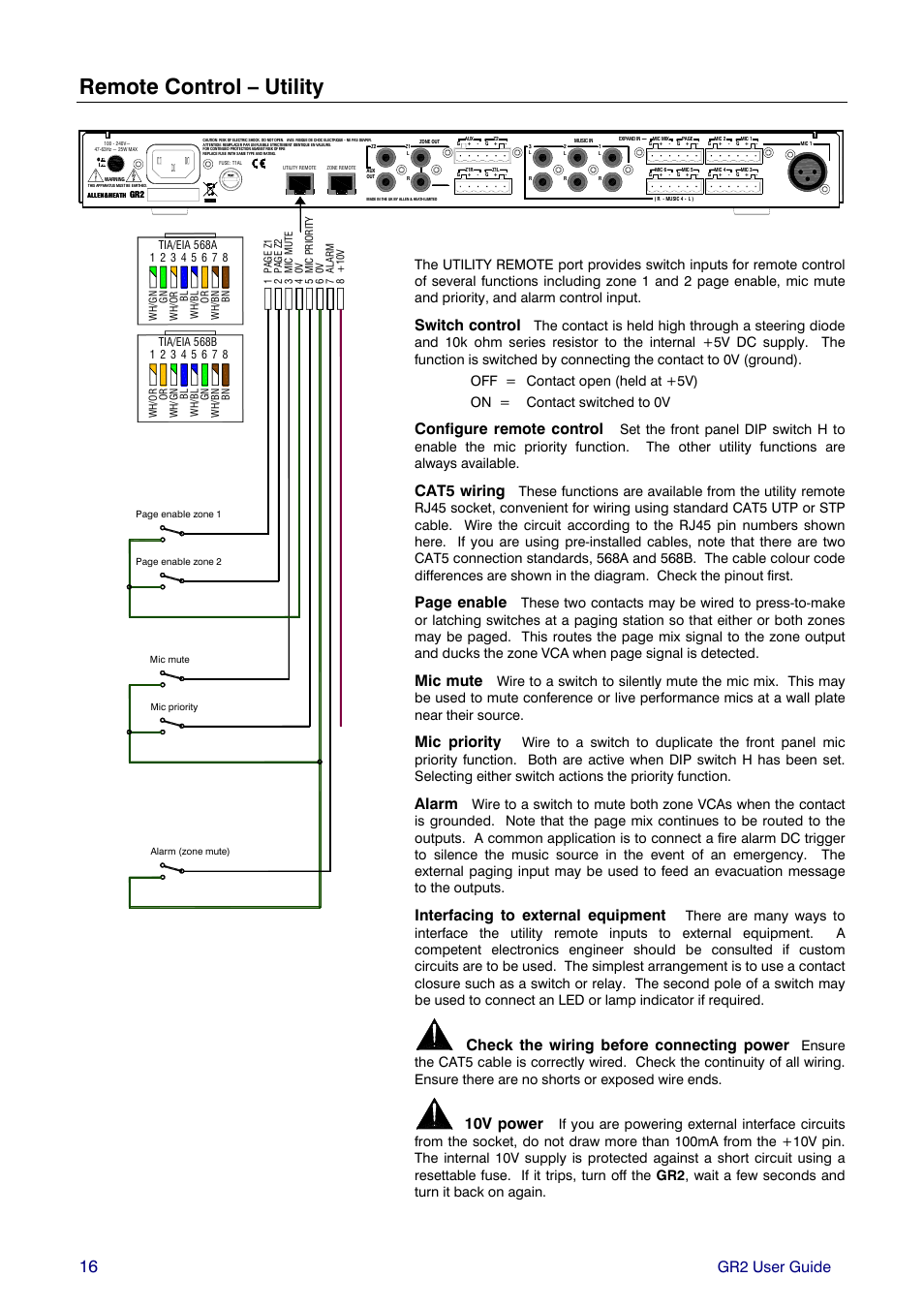 Remote control – utility, Gr2 user guide, Switch control | Configure remote control, Cat5 wiring, Page enable, Mic mute, Mic priority, Alarm, Interfacing to external equipment | Allen&Heath GR2 PL-12 USER GUIDE 1 User Manual | Page 16 / 24