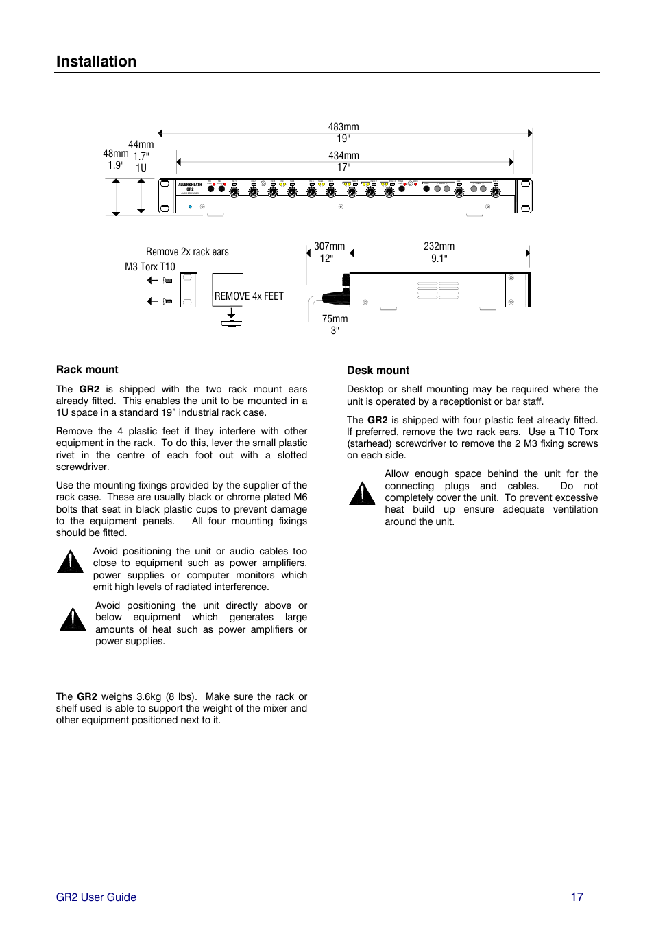 Installation, Gr2 user guide, Rack mount | Desk mount | Allen&Heath GR2 PL-12 USER GUIDE 1 User Manual | Page 17 / 24