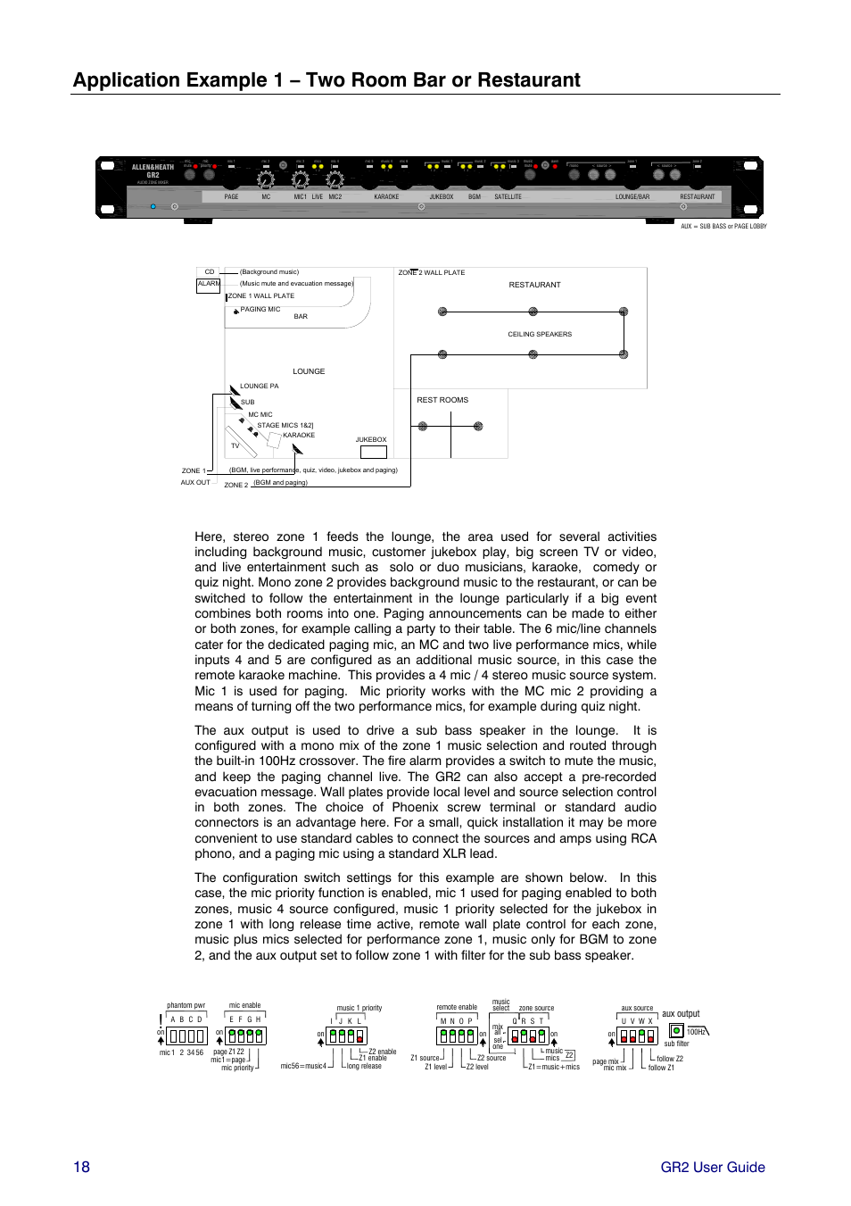 Application example 1 – two room bar or restaurant, Gr2 user guide | Allen&Heath GR2 PL-12 USER GUIDE 1 User Manual | Page 18 / 24