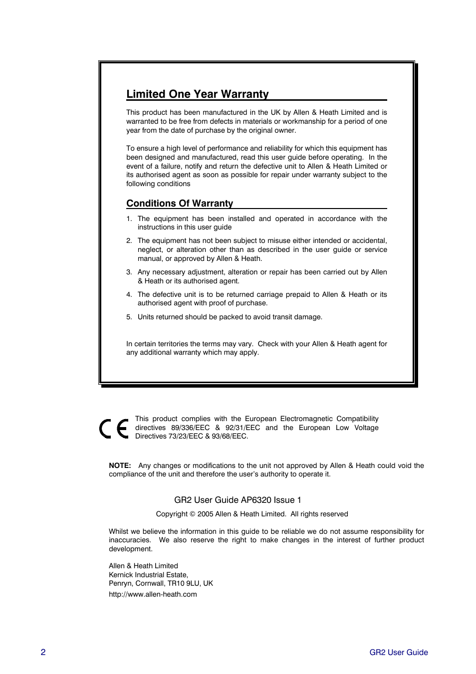 Limited one year warranty, Conditions of warranty | Allen&Heath GR2 PL-12 USER GUIDE 1 User Manual | Page 2 / 24